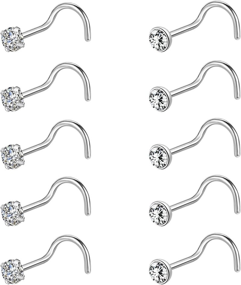 AccGin Store 6-10Pcs 18G 20G Nose Ring Surgical Steel Nose Rings Studs Piercing For Women Men 1.5mm 2mm 2.5mm 3mm Round Diamond CZ L Shaped Corkscrew Gold Black Silver Nose Piercing Hypoallergenic - Image 1